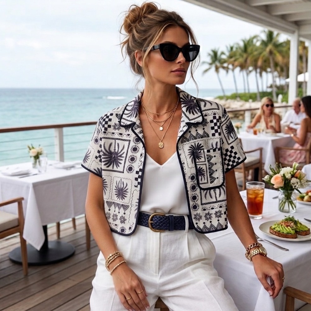 Tullea Palm Tree Linen Blend Crop Top Y2K S Boho Coastal Tropical Resort